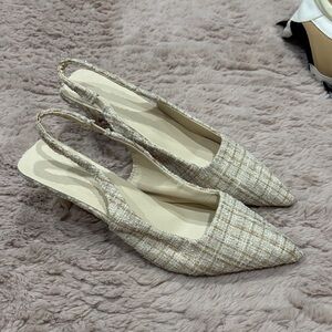Cream Plaid Slingback Kitten Heels